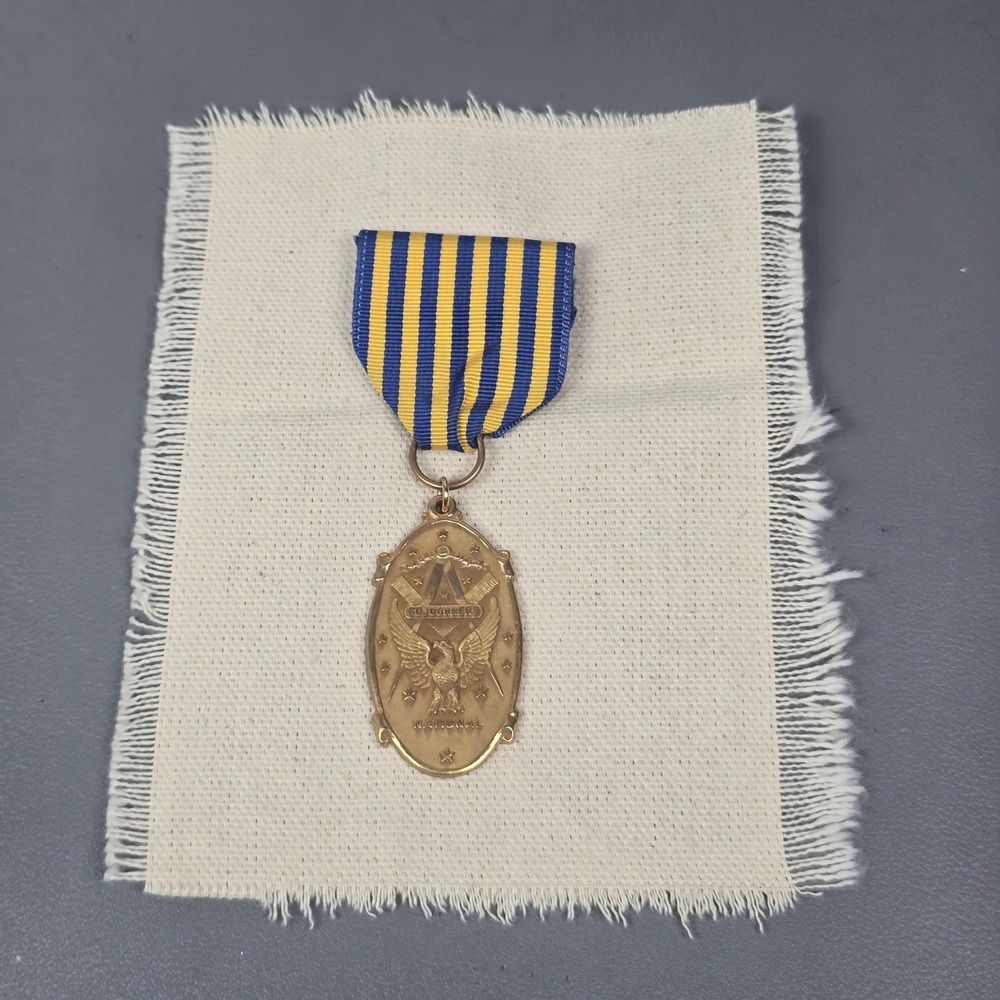 Vintage National Sojourners Masonic Medal Blue Yellow Striped Ribbon Fraternal